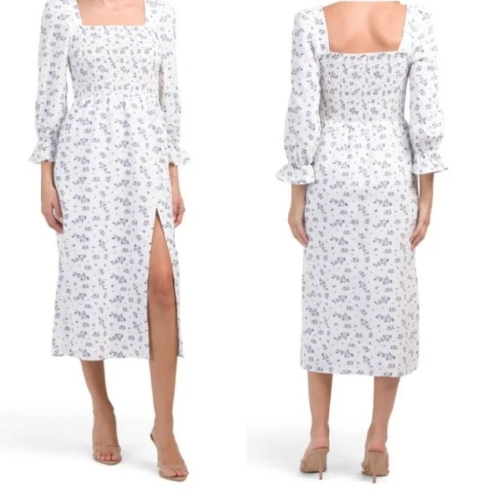 House Of Harlow Blue/White Floral Smock Bodice Puffed Sleeve Midi Dress SZ L